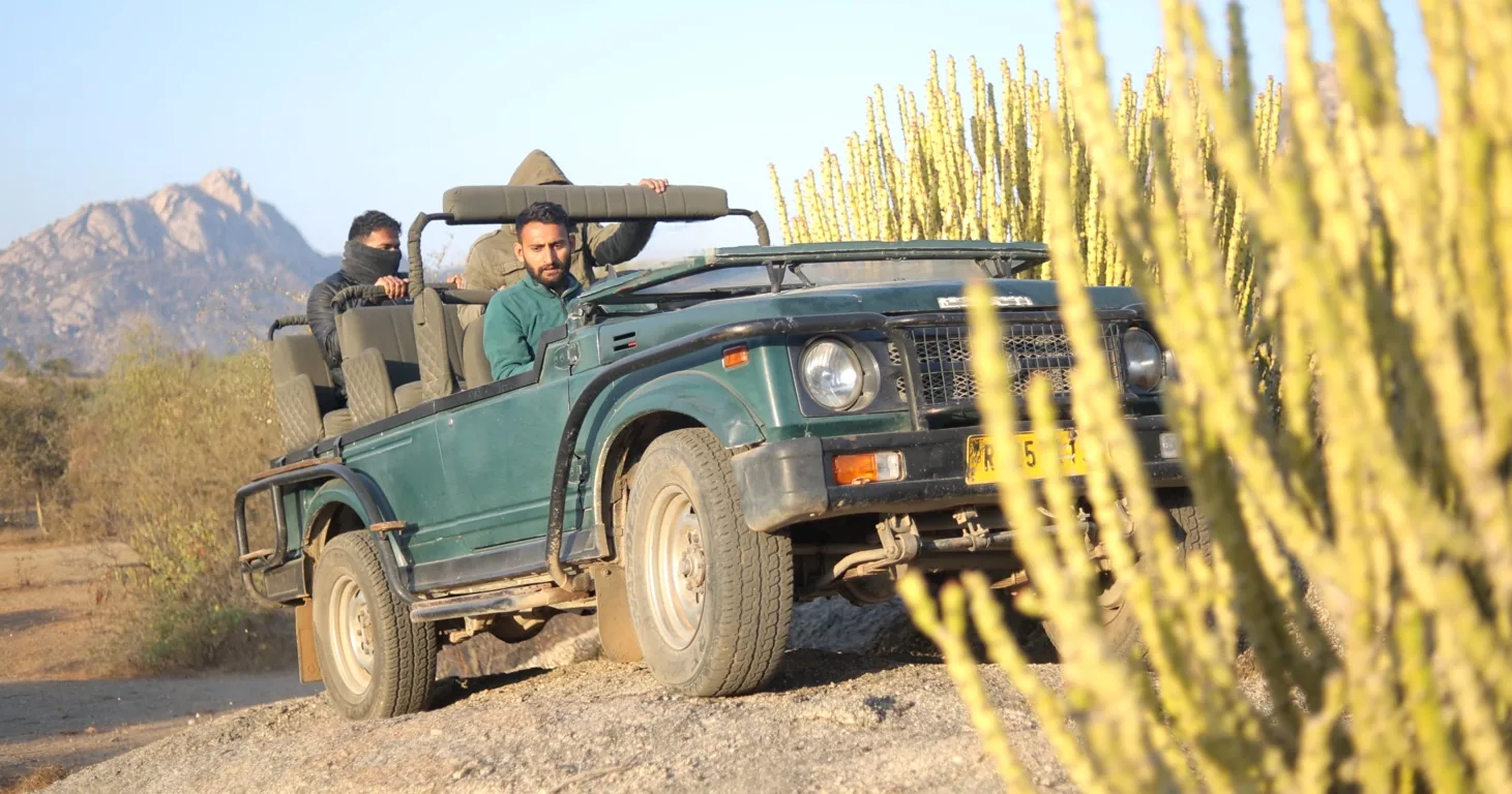 Private safari vehicle in a rocky landscape